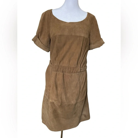 Hoss Intropia Goat Leather Short Sleeve Dress Size 36 US Size 4 Khaki Brown - Picture 1 of 16